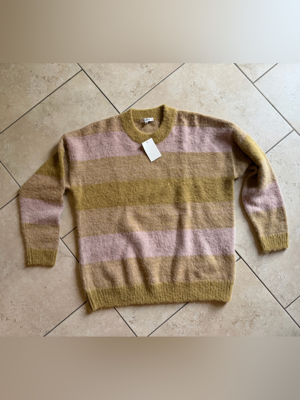 Madewell NWT Striped Crewneck Oversized Sweater in Mustard Beige and Blush Pink